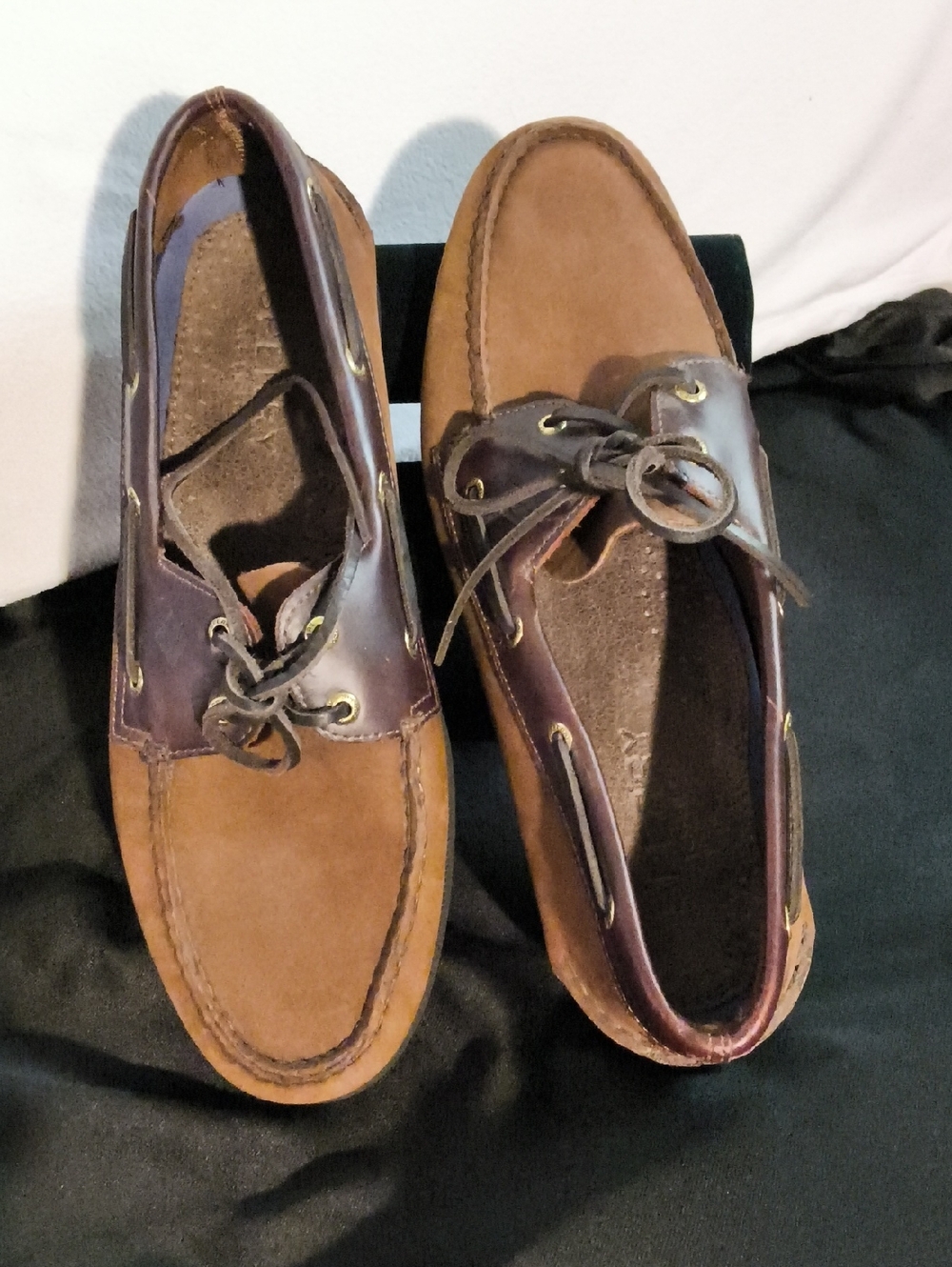 Sperry Top Slider Two-Tone Tan and Dark Brown Leather Boat Shoes Size 13